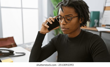 African american woman with dreadlocks wearing glasses using a smartphone in a modern office setting - Powered by Shutterstock