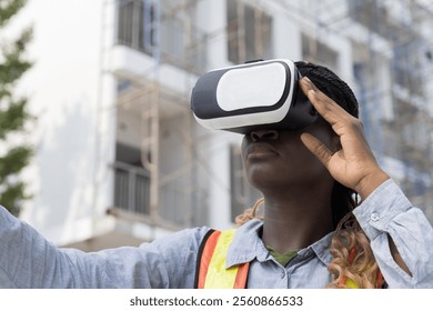 African American woman engineer construction using virtual reality headset at construction site. Foreman woman construction working and wearing virtual reality headset for inspecting at work - Powered by Shutterstock