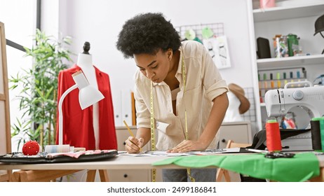 African american woman fashion designer drawing in modern atelier with sewing machine and mannequin. - Powered by Shutterstock