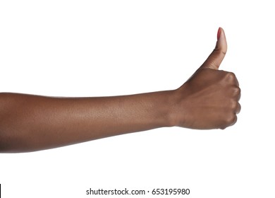 African American woman giving thumbs up; isolated on white background