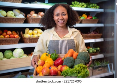 African American Woman Grocery Working In Supermarket With Fruit And Vegetable Background, Owner Business Man For Shopping Store