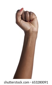 African American woman hands angry fist gesture; isolated on white background 