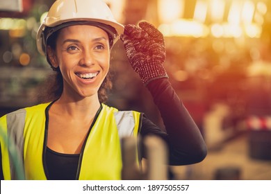 African American Woman Happy Worker Engineering Working Smile Labor In Heavy Industry Factory With Good Welfare Concept.