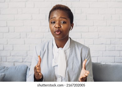 African American Woman Looking At Camera, Talking On Video Call, Recording Video At Home. Business Meeting. Business Woman Video Conference. Corporate Business