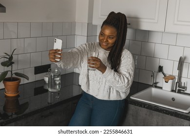 African american woman making video call, in kitchen - social networks and connection - Shutterstock ID 2255846631