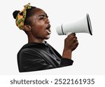 African American woman with a megaphone. The woman with a megaphone is shouting, expressing strong emotions in protest. African American woman protesting, black woman holding megaphone in protest