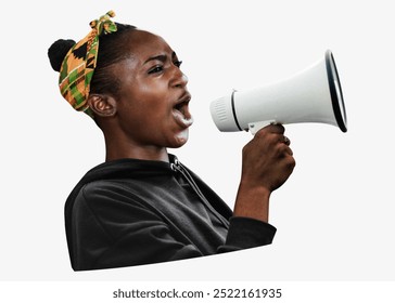 African American woman with a megaphone. The woman with a megaphone is shouting, expressing strong emotions in protest. African American woman protesting, black woman holding megaphone in protest - Powered by Shutterstock