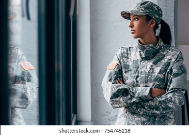 African American Woman In Military Uniform With Usa Flag Emblem