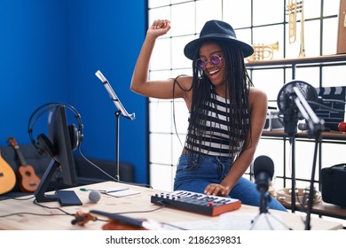 African American Woman Musician Smiling Confident Having Dj Session At Music Studio