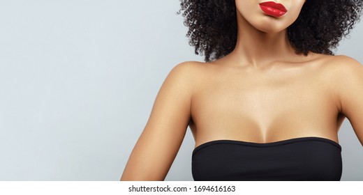 African American Woman Neckline Portrait. Human Body Part. Female Breast