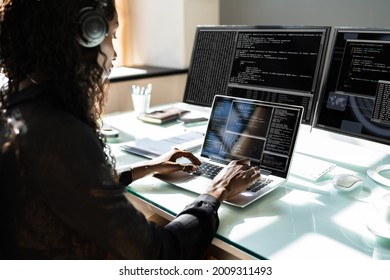 African American Woman Programmer. Girl Coding On Computer