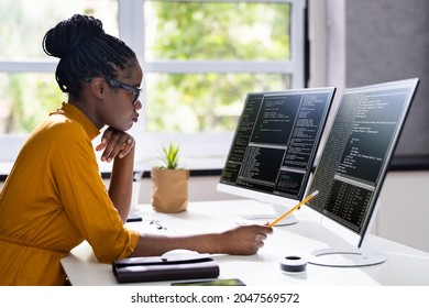 African American Woman Programmer. Girl Coding On Computer