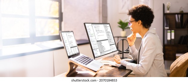 African American Woman Programmer. Girl Coding On Computer