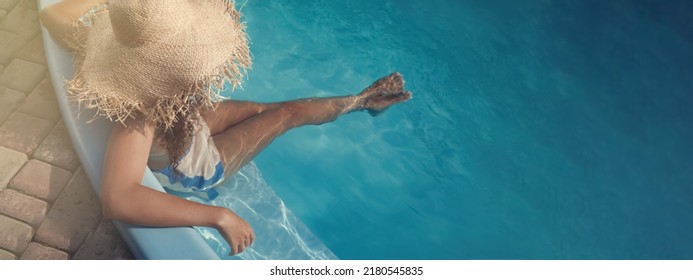 African American woman resting in outdoor swimming pool on sunny day, banner design - Powered by Shutterstock