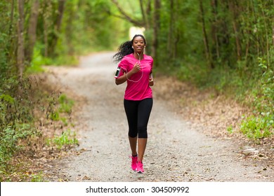 African American Woman Runner Jogging Outdoors - Fitness, People And Healthy Lifestyle