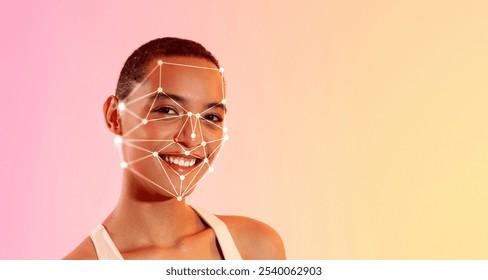 African American woman with short hair smiles confidently as a facial recognition grid overlays her features, set against a vibrant gradient background that transitions from orange to pink. - Powered by Shutterstock