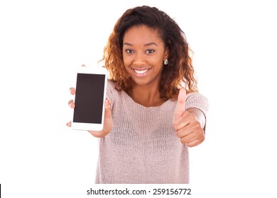African American Woman showing a mobile phone and making thumbs up