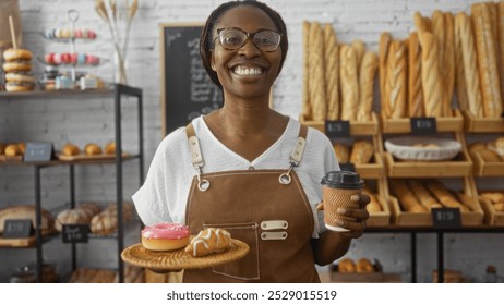 African american woman smiling in a bakery while holding a coffee cup and a tray with pastries, wearing glasses and a brown apron, surrounded by loaves of bread on shelves and a chalkboard menu. - Powered by Shutterstock