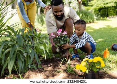 African american woman standing by father and son planting fresh flowers in field at yard. Unaltered, lifestyle, gardening, family, love, togetherness, nature and childhood concept.