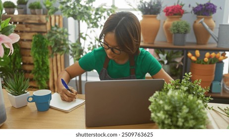 African american woman taking notes on a pad beside a laptop in a flower shop with colorful plants in the background. - Powered by Shutterstock