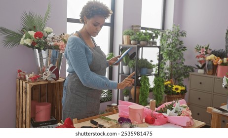 African american woman using tablet in a vibrant flower shop interior - Powered by Shutterstock