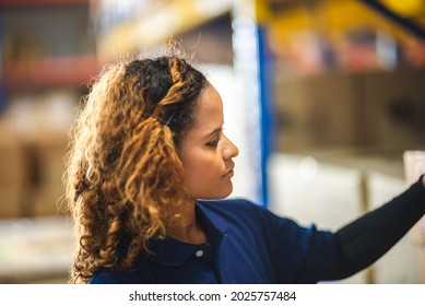 African American Woman Are Work With Business Distribution Inventory In Warehouse Factory, Female People Working In Safety Occupation Job For Shipping Industry Manufacturing