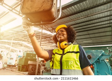 African American Woman Worker Happy Smiling Working Operate Machine In Heavy Industry Factory