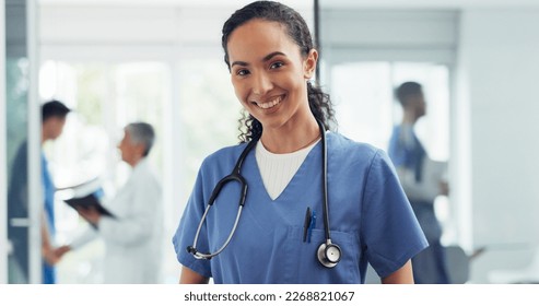 African American Women, face and doctor smile for healthcare, vision or career ambition and advice at the hospital. Portrait of happy and confident Japanese medical expert smiling, phd or medicare at - Powered by Shutterstock