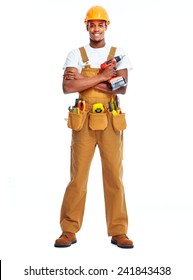 African American Worker Man Isolated White Background. Construction