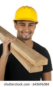 African American Young Good Looking Man Standing With Construction Helmet And 2x4 Pieces Of Wood Planks; Isolated On White Background 