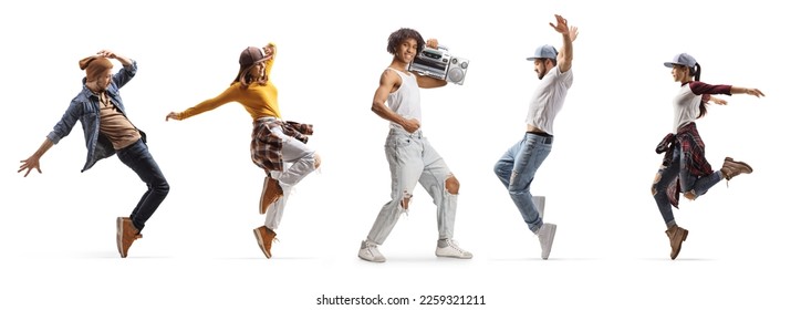 African american young man holding a boombox and people dancing isolated on white background