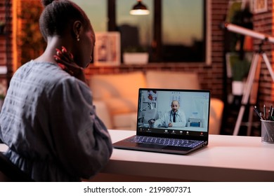 African American Young Woman Talking With Doctor On Videocall Using Laptop, Telehealth Concept. Online Appointment With Professional Medical Clinic Therapist, Consultation With General Practitioner