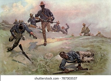 African Americans of Troop C, Ninth US Cavalry, with Capt. Taylor, leading the charge. In the background is the blockhouse at San Juan Heights. July 1, 1898, Battle of San Juan Hill, during the Spanis