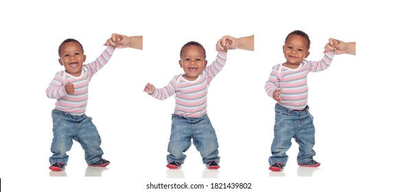 African Baby Learning To Walk Isolated On A White Background