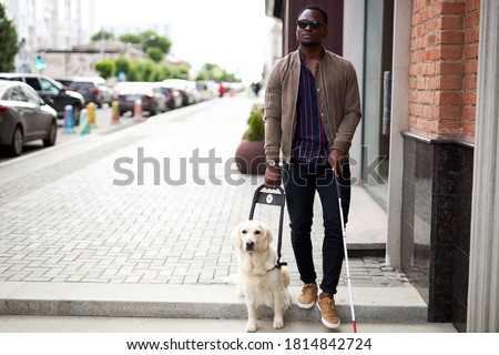 african blind guy with dog guide walking outdoors, handsome guy in dark eyeglasses hold cane for disabled and dog on leash