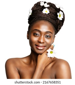 African Bride. Dark Skinned Beauty Woman With Wedding Hairstyle With White Flowers. Nigerian Model With Afro Hair Braids. Tanned Face Skin Cosmetics And Spa Cosmetology Over Isolated Background