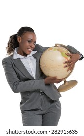 African Business Woman Holding Globe Isolated On White Background