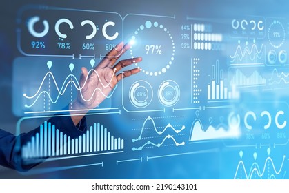 African businessman finger touch virtual screen with stock market analysis, forex graphs with numbers. Glowing hud with financial data. Concept of statistics - Powered by Shutterstock - Get 15% off with code: PIKWIZARD15