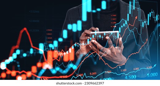 African businessman hands working in tablet, double exposure forex diagrams and candlesticks. Stock market chart with numbers and arrow rising. Concept of online trading and mobile app