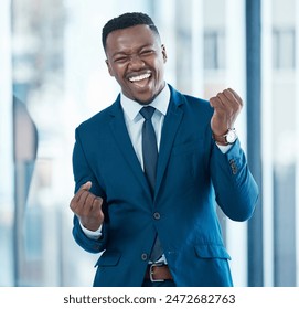 African businessman, portrait and celebration in office for achievement, success in career. Trader, professional and promotion in corporate company for goals, development and exited for increase - Powered by Shutterstock