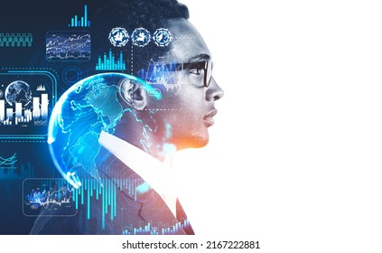 African businessman portrait profile, double exposure hud with forex icons, diagrams and digital icons. Concept of finance and consulting. Copy space