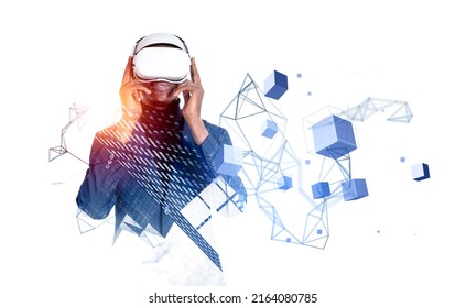 African businessman in vr glasses, digital hologram of information fields and blocks on white background. Concept of metaverse and virtual reality - Powered by Shutterstock