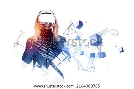 African businessman in vr glasses, digital hologram of information fields and blocks on white background. Concept of metaverse and virtual reality