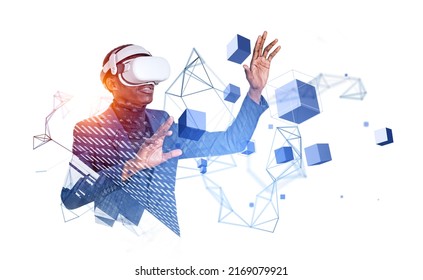 African businessman in vr glasses, hands touch digital hologram of information fields and blocks on white background. Concept of metaverse and virtual world - Powered by Shutterstock