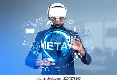 African businessman in vr glasses, hands touching metaverse sphere hud hologram, connection lines and global network. Concept of futuristic technology