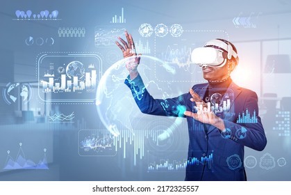 African businessman working in vr headset, hands touch earth hologram with lines, digital worldwide network and virtual connection. Concept of alternate reality - Powered by Shutterstock