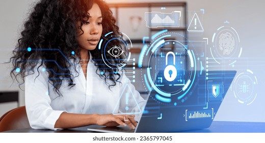 African businesswoman typing in laptop, big business data protection hud, icons with padlock and biometric scanning. Concept of cybersecurity, internet and privacy