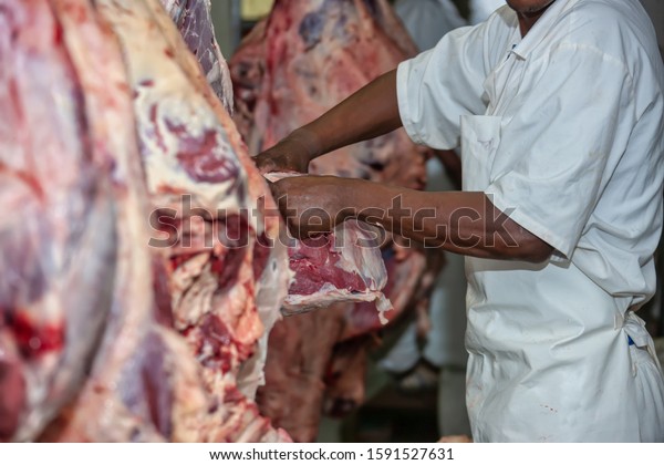 African Butcher Coldroom Cutting Chunk Beef Stock Photo Edit Now