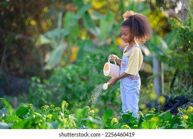 African children holding a watering can in the vegetable garden she smiles happy Young girl caring for vegetables in rural garden - Powered by Shutterstock