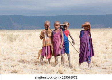 African Children Standing And Looking At Camera, Masai People.Tanzania